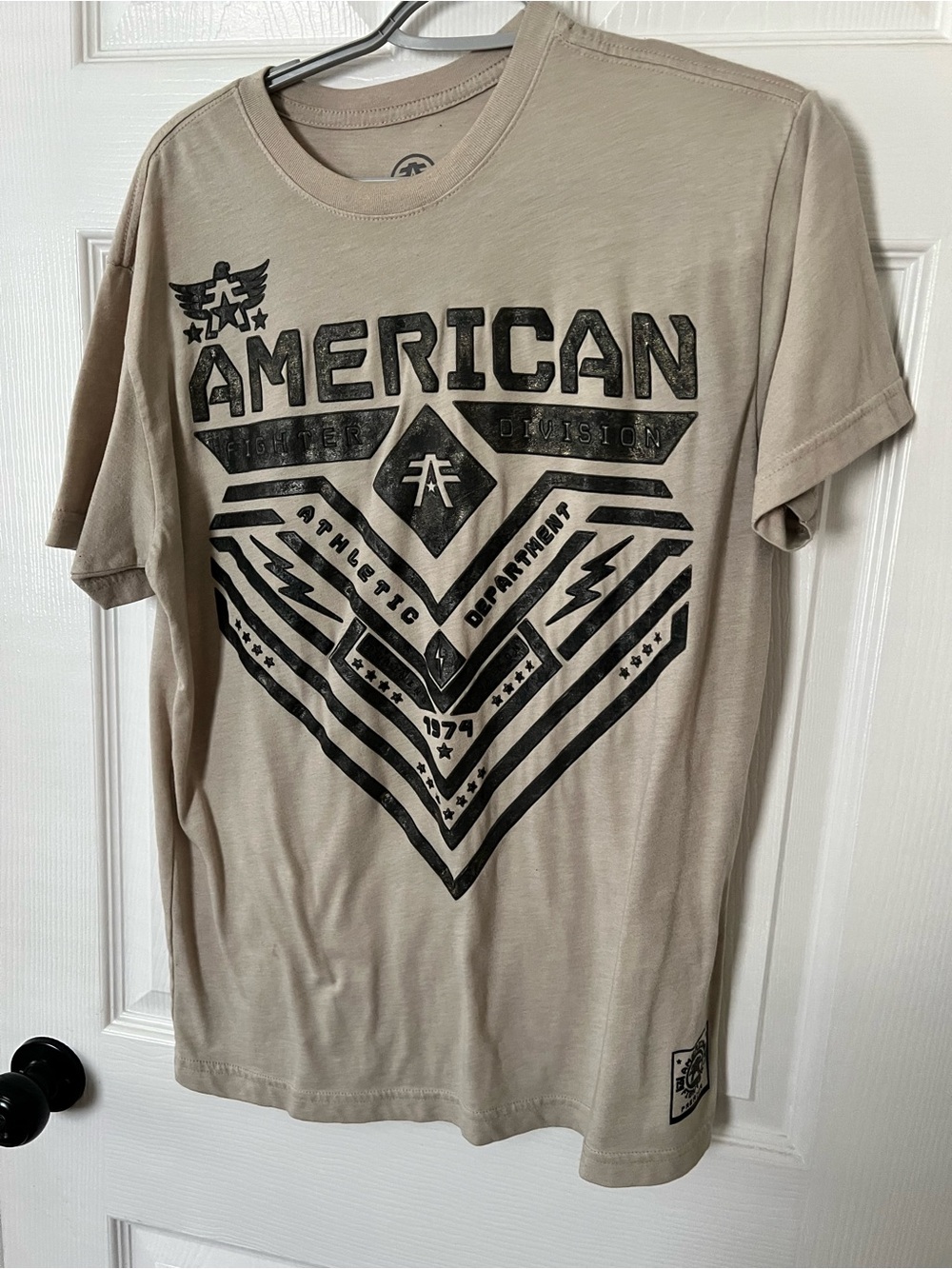 American Fighter Beige Short Sleeve Graphic Tee with Black Print